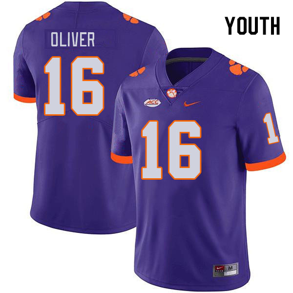 Youth #16 Myles Oliver Clemson Tigers College Football Jerseys Stitched-Purple - Click Image to Close